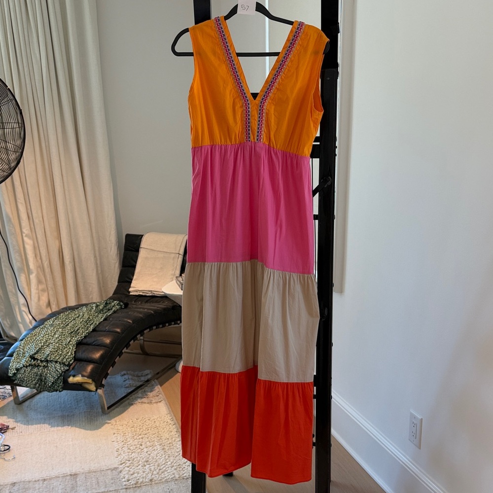 Vibrant Colorblock Tiered Maxi Dress - Yellow Pink Tan Orange